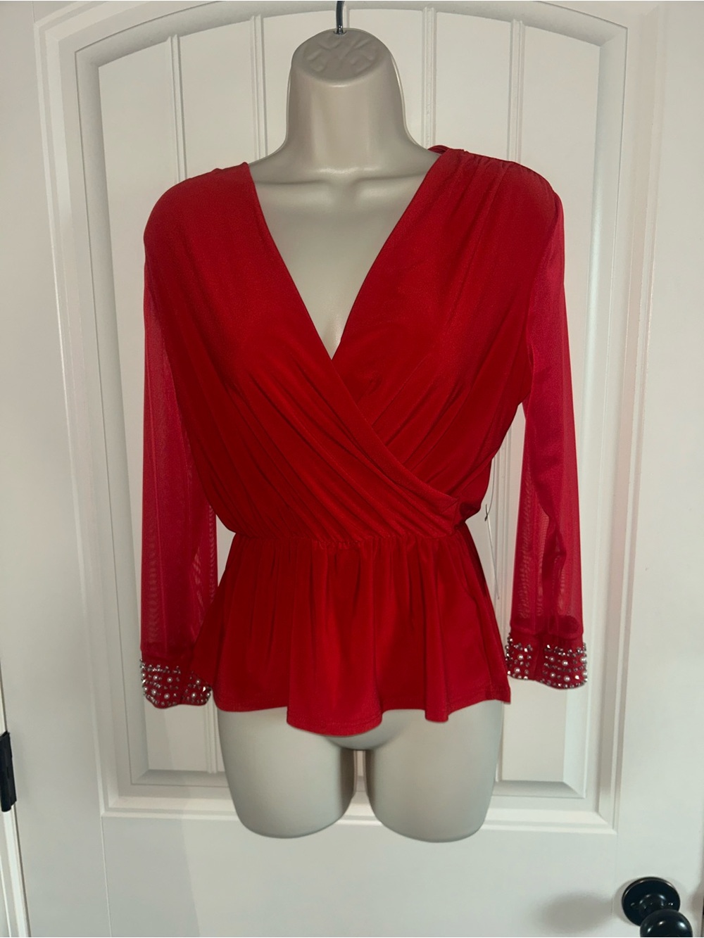 NWT Boston Proper Red Wrap Peplum Blouse with Embellished Cuffs Sz XS